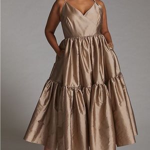 Anthropologie Bloni Gold Tiered V Neck Maxi Dress